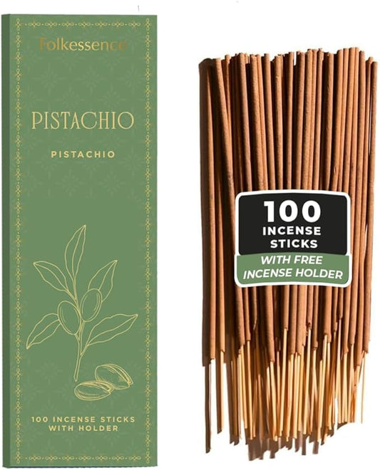 Folkulture Incense Sticks with Holder (100 Sticks)| Pistachio Sweet Incense Stick for Meditation, Aromatherapy, Gifts for Women | No Charcoal,Organic,Non Toxic, 45 Mins, Long Burning Insence-Sticks