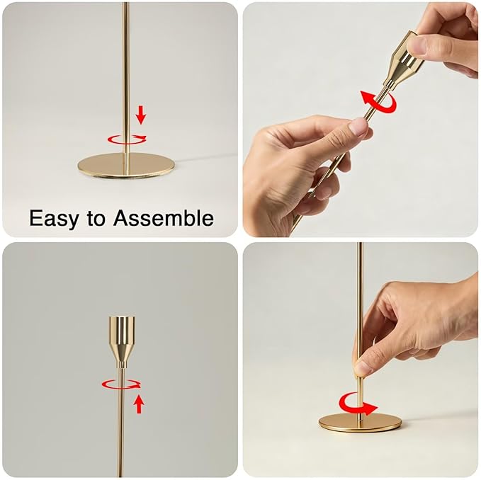 Solid Taper Candle Holders Set of 6, Champagne Gold Long Skinny Candlestick (Heights: 9/11/13 Inch), Heavy Iron Anti-Slip Base for Fireplace Mantle Table Centerpiece Christmas Decor