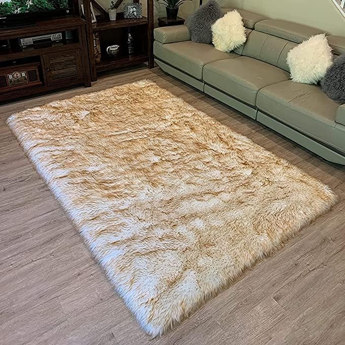 LAMBZY High Pile Super Soft Faux Sheepskin Rug (White/Brown, 2'x3')
