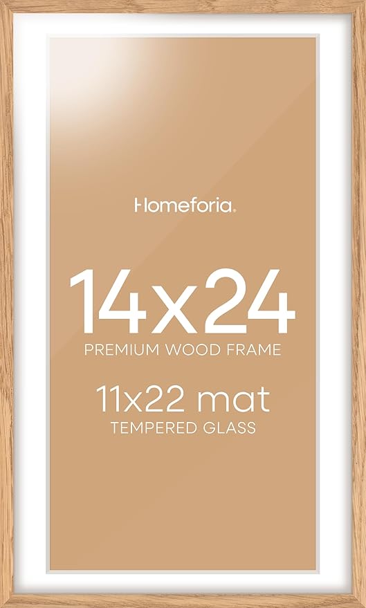 Homeforia 14x24 Picture Frame Natural Wood, High End Oak 14x24 Light Wooden Poster Frame with Mat 11x22, 14 x 24 Frames Matted to 11 x 22 Photo, 24x14 Hanging Frame, Tempered Glass, Wall Kit, Set of 1