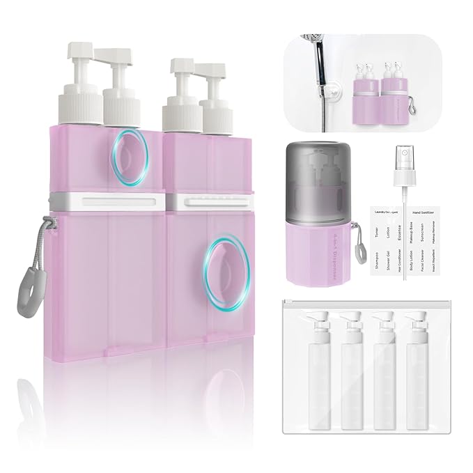 YOTIME 4in1 Travel Bottles with Suction Cup, TSA Approved Leak Proof Travel Size Containers for Toiletries, Refillable Travel Accessories for Shampoo, Body Wash and Conditioner, Pink