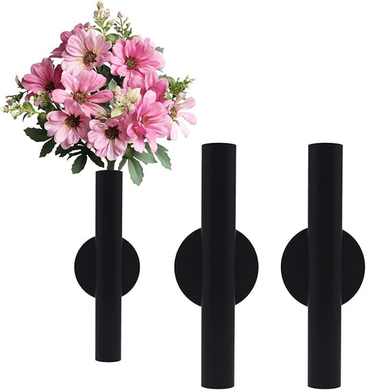Adhesive Metal Wall Vase Holder - Decorative Tube for Dried/Faux Floral Display, Rust-Resistant Home & Office, Dining Room Also Suitable for Cemetery Memorial Display Decor (2 Pcs Black)