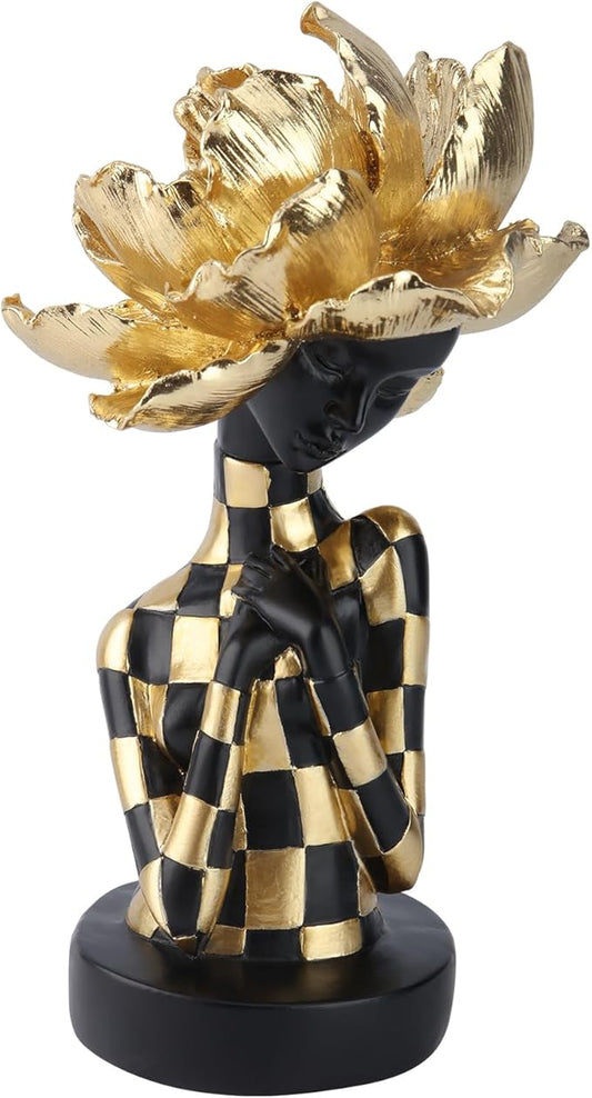 African Woman Sculpture with Golden Flower Headpiece – Black and Gold Resin Figurine for Home Decor, Elegant African Lady Statue, Modern Ethnic Art Ornament, Gift for Women