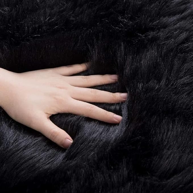 Washable Faux Fluffy Fur Round Area 6.6ft Rugs for Living Room Black Large Furry Rug for Bedroom Boho Circle Nursery Rug Teen Room Décor