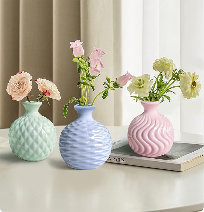 GeLive Ikebana Vase Bud Flower Arrangement Hydroponics Macaron Colorful Ceramic Decorative Vase (Pink)