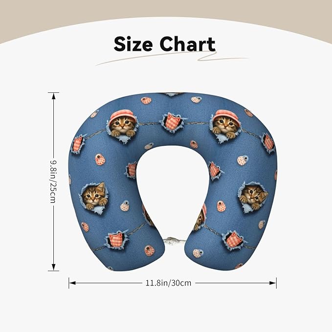 Travel Neck Pillow for Pain Relief Sleeping, Cute Cat Patterns Printed, Comfortable Memory Foam Chin Head Cushion Support with Zip Cover, Fashion Car Flight Pillows