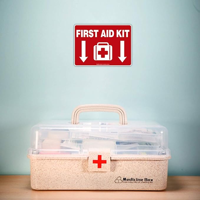 First Aid Kit Sticker, First Aid Kit Sticker Decal for Home, Schools and Business, 4 Pack, 10 x 7 inch Self-Adhesive Vinyl Decal Stickers, Reflective, UV Protected, Waterproof