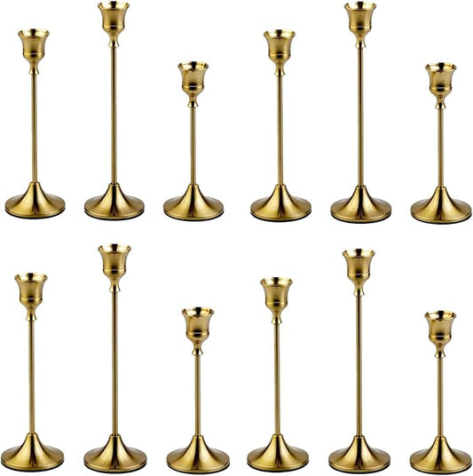 4 Sets(12 Pcs) Candle Stick Holders，Brass Gold Metal Taper Candle Holders, Vintage Modern Decorative Centerpiece Candlestick Holders for Table Mantel Wedding Housewarming Gift