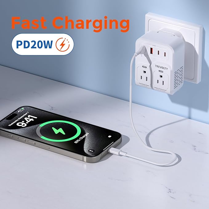 2000W Voltage Converter US to Europe for Hair Dryers, 7-in-1 220V to 110V Converter for European Travel with 3 AC/2 USBA/2 USBC Ports (PD20W), Universal Travel Adapter with Type A B C E/F G I Plugs