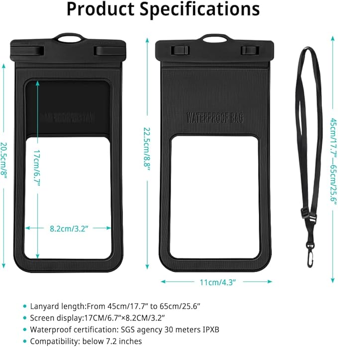 CACOE [Not Floatable] Universal Waterproof Phone case 2 Pack-Up to 7.2",Waterproof Phone Pouch with Adjustable Neck Lanyard,IPX8 Cellphone Dry Bags for Vacation Beach（Black+White）