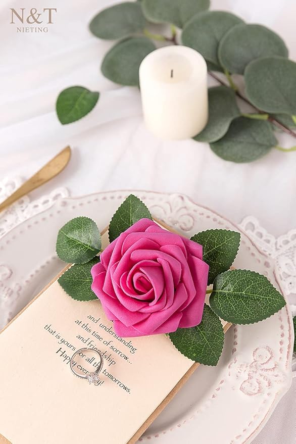 N&T NIETING Artificial Flowers, Foam Roses Perfect for Valentine's Day DIY Wedding Bridal Bouquets Centerpieces Bridal Shower Party Home Flower Arrangement Decor 25Pcs, Hot Pink