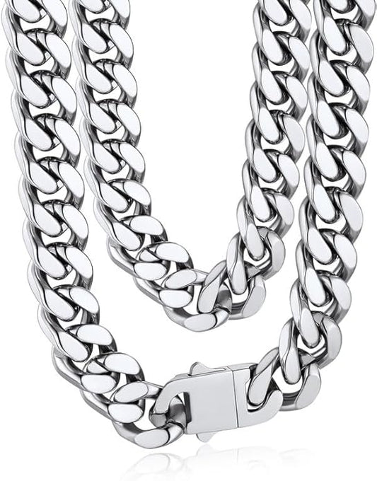 Bandmax Mens Stainless Steel Chain Necklaces 5/7/9/12MM Chunky Miami Cuban Link Chain Necklace Bracelet Silver/Gold Plated/Black Chains for Men 18"-30"
