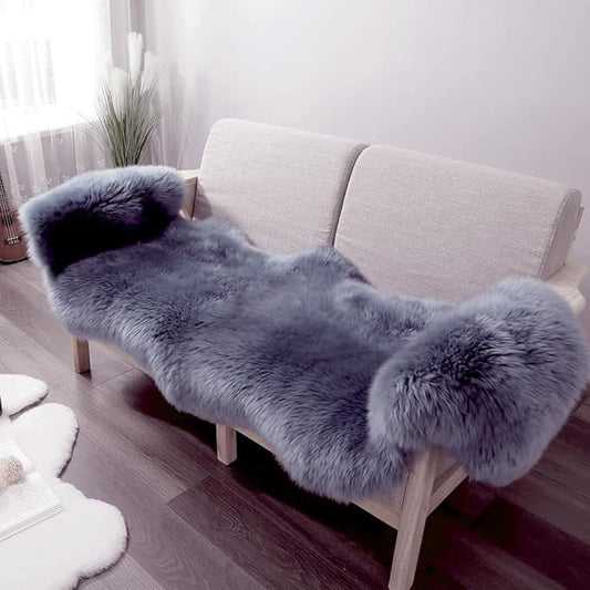 Premium Genuine Fur Sheepskin Rug Real Australia Sheepskin Natural Luxury Fluffy Lambskin Fur Area Rug Seat Covers for Kids Bedroom Sofa Chair Cover (Dark Gray, Double Pelt/2ft x 6ft)