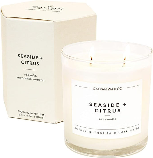 Calyan Wax Co. Seaside & Citrus 2 Wick Scented Candle - 37 Hour Burn - Luxury Non Toxic Soy Wax Candles - Long Lasting Large Glass Jar Candle for Home - 8.8oz