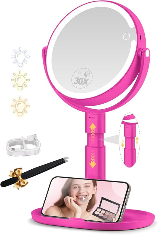 Makeup Mirror with Lights, 30X Magnifying & Height Adjustable, Lighted Magnifying Mirror with 3 Light Modes and Stepless Dimming, Vanity Mirrors for Bathroom, Birthday Gift for Women, Hotpink