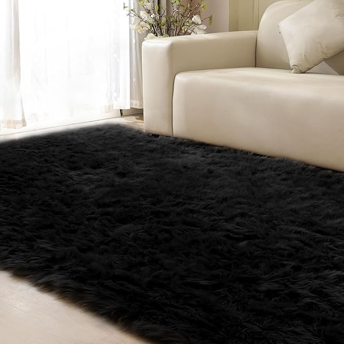 Black Rug for Bedroom 5x7 Area Rugs for Living Room Washable Shaggy Sheepskin Fluffy Fur Rug for Girl Room Rectangle Nursery