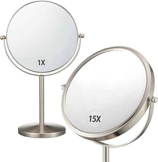 ALHAKIN 1X/15X Magnifying Makeup Mirror, Double Sided Mirror with Stand, Tabletop Desk Mirror 360°Rotation for Bathroom, Nickel