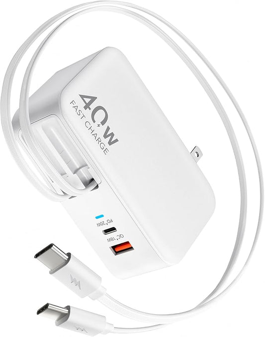Retractable USB C Charger Wall Plug with Dual 35.5in/90cm Type C Cables Cords,40W Fast Charging Foldable Block Multi Charger for All Devices for iPhone 17/16/15/14/13/12,iPad,Galaxy,Pixel