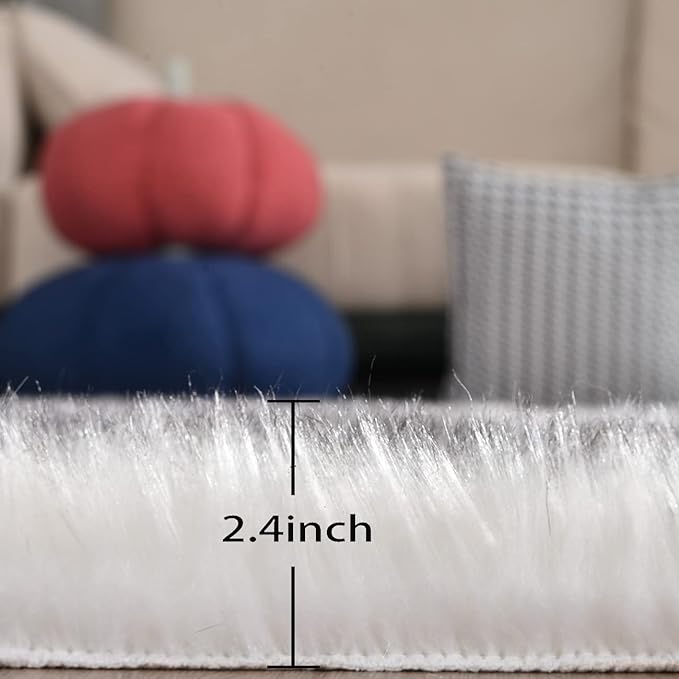 White and Grey Shaggy Round Rugs 6.6ft Large Circle Washable Faux Sheepskin Furry Fur Rugs for Bedroom Living Room Nursery Rug Home Décor
