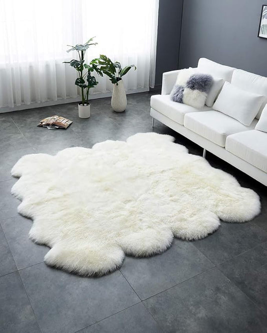 HUAHOO Premium Genuine Sheepskin Rug Real Australia Sheepskin Natural Luxury Fluffy Lambskin Fur Area Rug Seat Covers for Kids Bedroom Sofa Chair Cover Pets Dogs Mat Eight Pelt /6.2' x 7' White/Ivory