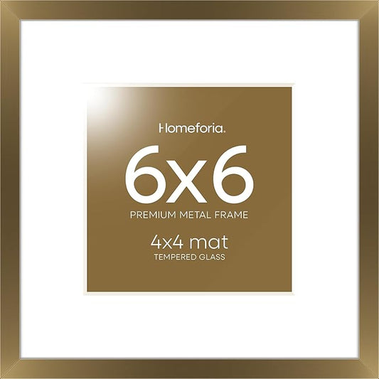 Homeforia 6x6 Picture Frames Bronze, High End Metal 6 x 6 Square Photo Frame with Mat 4 by 4, 6x6 Brass Frame Matted to 4x4 inch Print, 6by6 Wall or Tabletop Frames, Tempered Glass, Wall Kit, Set of 1