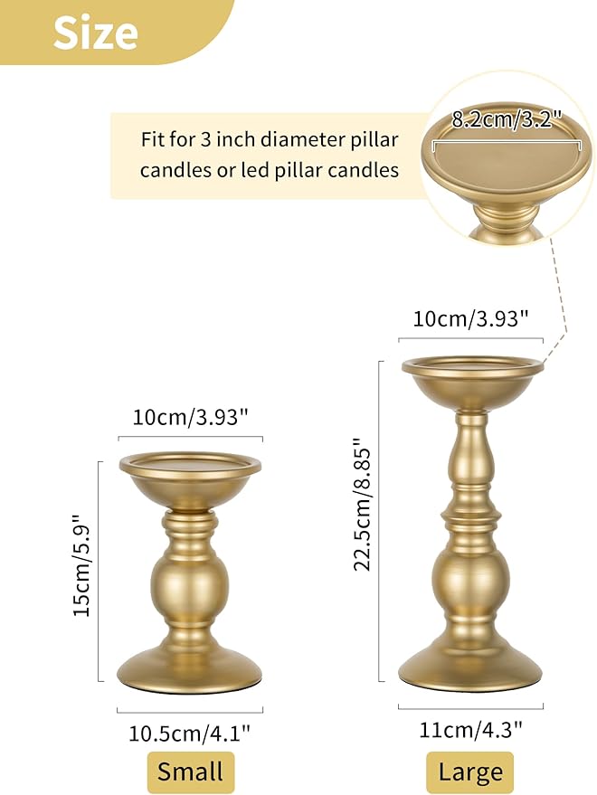 2 Pcs Gold Pillar Candle Holders, Gold Candlestick Most Ideal for 3" Pillar Candles, Gifts for Wedding, Party, Home, Spa, Reiki, Votive Candle (S + L)