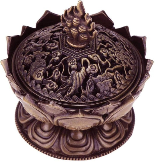 Secret for Longevity Copper Bronze Antique Chinese Asian Style Lotus Flower Incense Burner Pot w/Stick Cone Coil Holder w/White Sage Cones Zen Buddha Buddhist Meditation Decor Gift Set