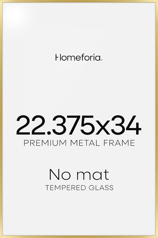 Homeforia 22.375x34 Gold Puzzle Frame, High End Metal 22.375 by 34 Picture Frames without Mat, 34 x 22.375 Thin Poster Frame for Wall, 22.375by34 Puzzle Photo Frame, Tempered Glass, Wall Kit, Set of 1