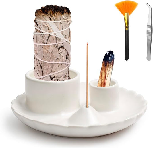 Palo Santo Sticks Holder, 4 in 1 Incense and Candle Holder for Burning Sage and Sticks for Burning, Ash Catcher Tray for Meditation Yoga Room (White)