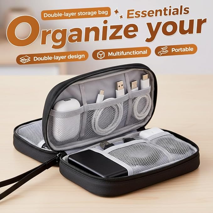 Qeuxv 2026 Travel Cable Organizer Pouch, Electronic Accessories Carry Case, Portable Waterproof Double Layers All-in-One Storage Bag for Cable, Charger, Mobile phone, Headphones (Grey)