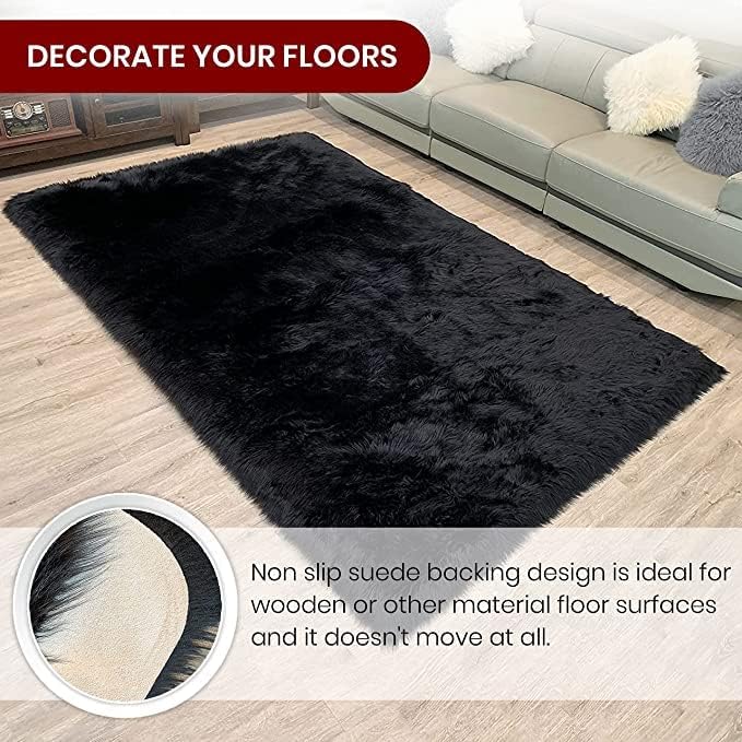 LAMBZY High Pile Super Soft Faux Sheepskin Rug (Black, 3'x5')