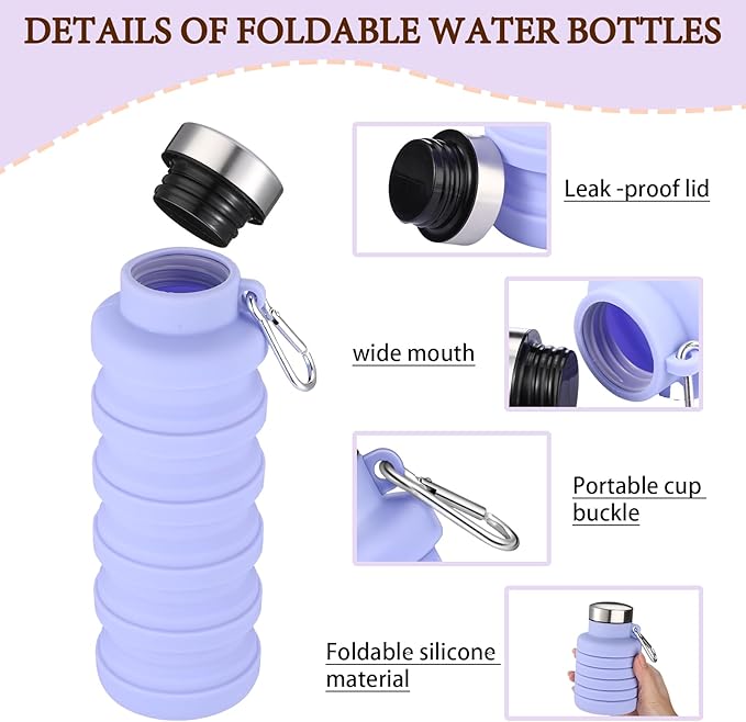 Baderke 2 Pcs Collapsible Water Bottles 17oz Silicone Travel Foldable Portable Water Bottle with Buckle Silicone Lightweight Reusable Leakproof for Camping Hiking Cycling Sport(Purple, Black)