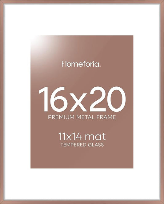 Homeforia 16 x 20 Picture Frame Mocha, High End Metal 11x14 Matted for 16x20 Frame, 16 x 20 Mocha Poster Frame with Mat 11 x 14 inch Photo, 20x16 Thin Hanging Frame, Tempered Glass, Wall Kit, Set of 1