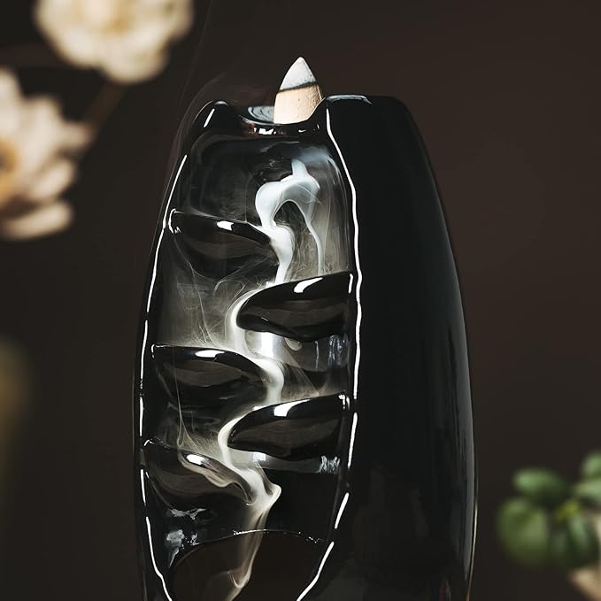 INONE Ceramic Incense Burner with 120 Cones, Waterfall Backflow Incense Holder, Aromatherapy Ornament, Zen Decor, Home Decor, Room Decor (Black)