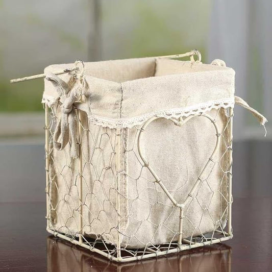 Factory Direct Craft Square White Washed Chicken Wire Basket with Natural Linen Liner and Heart Accent in Middle. for Cottage, Coastal or Farmhouse Decor Organizer.