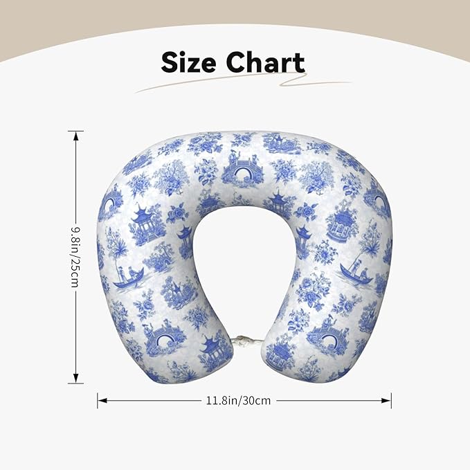 Travel Neck Pillows for Sleeping Rest Car Airplanes Chinese Style Powder Blue Chinoiserie Toile, Memory Foam with Removable Breathable Zipper Cover Washable for Men Women
