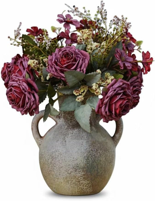 Retro-Style vase, Artificial Faux Flower Bouquet for Home Decor Indoor Fake Bouquet Faux Floral Arrangements Dining Table Centerpieces for Kitchen(Terracotta)