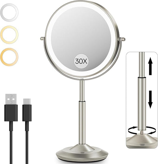 VFD 30X/1X Makeup Mirror with Lights, Height Adjustable Lighted Magnifying Vanity Mirror with 3 Lighting and Adjustable Brightness, 3000mAh Rechargeable Double Sided Switch for Desk Women Gift