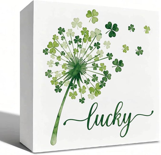 St Patrick's Day Table Decor Lucky Shamrock Wooden Box Sign, Minimal Irish Themed Tabletop Decor for Home Shelf Desk Entryway, Farmhouse Holiday Wooden Decoration for Spring Display 5 x 5 Inches