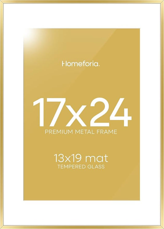 Homeforia 17x24 Picture Frame Gold, High End Metal 17x24 Poster Frames with Mat 13x19 Photo, 17 x 24 Gold Frame Matted to 13 by 19 Print, 24by17 Thin Hanging Frames, Tempered Glass, Wall Kit, Set of 1