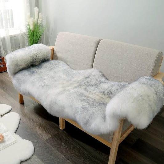 Premium Genuine Fur Sheepskin Rug Real Australia Sheepskin Natural Luxury Fluffy Lambskin Fur Area Rug Seat Covers for Kids Bedroom Sofa Chair Cover (Gray Tip, Double Pelt/2ft x 6ft)