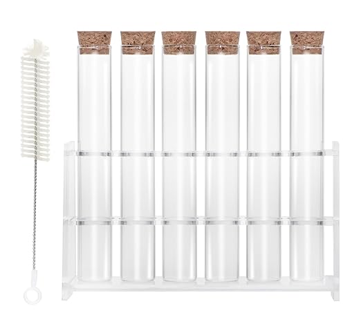 6pcs 60ml Glass Test Tube with Cork Stopper, 25x180mm Storage Tube with Cap, 6 Holes Acrylic Rack, Plant Propagation Vase, Tube Set for Scientific Experiments Lab Candy Liquid Party Decor