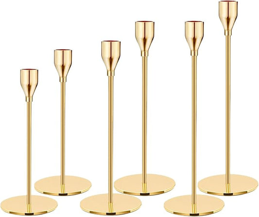Candlestick Holders 6pcs Taper Candle Stick Holder Set, Mantel Brass Gold Candlestick Holder Set for 3/4" Taper&Led Candle, Modern Stylish Candle Decor for Wedding/Party/Dinning/Anniversary