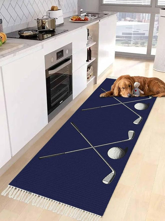 Navy Blue Hallway Runner Rug 2X6 Ft Kitchen Carpet, Washable Woven Sports Golf Ball Throw Carpet with Tassel, Non-Shedding Modern Minimalist Art Bedroom Laundry Rugs