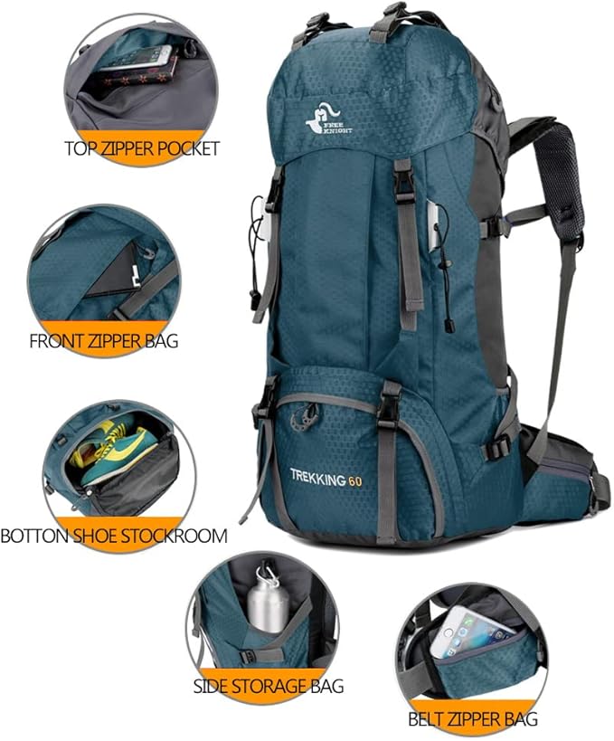 Bseash 60L Waterproof Hiking Camping Backpack with Rain Cover, Large Outdoor Sport Travel Daypack Rucksack for Climbing