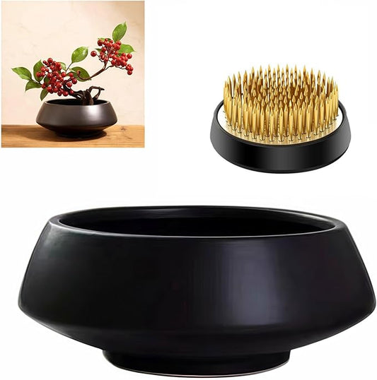 Ceramic Flower Pot Flower Arrangement Set Japanese Ikebana Floral Art Supplies Handmade Flower Bowl Decorative Flower Vase for Centerpieces (Small Black)