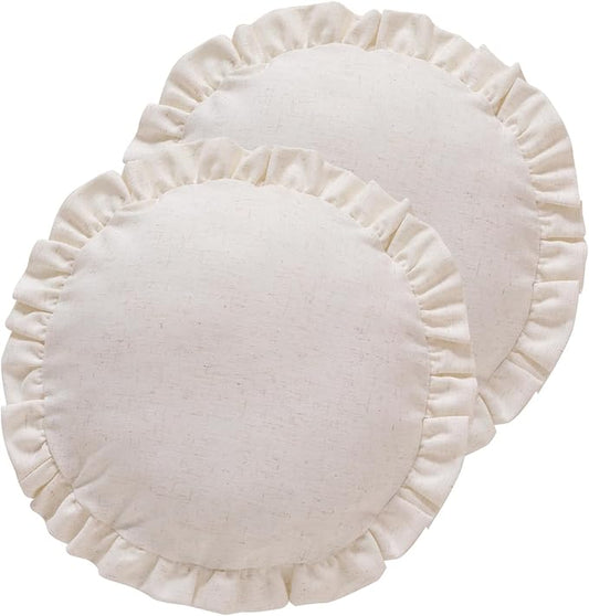 ISAENNE 2 Pcs Classic Ivory White Round Throw Pillow Cover Diameter 16", Solid Color Farmhouse Linen Cotton Decor Pillow Cover with Ruffles, Sturdy Throw Pillowcase for Couch Sofa Bed Living Room