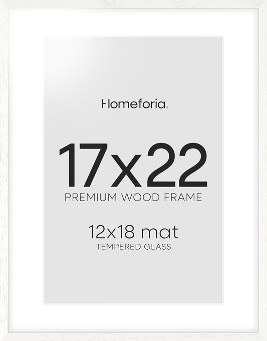 Homeforia 17x22 White Picture Frame, High End Oak 17x22 White Wooden Poster Frames with Mat 12x18 for Print, 17 x 22 Wood Frame Matted to 12 x 18 Photo, 22x17 Frame, Tempered Glass, Wall Kit, Set of 1