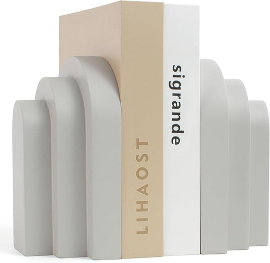 Heavy Duty Book Ends for Shelves, Decorative Bookends for Heavy Books Set of 2, 6.6 LBS Modern Book Stopper for Home Decor, Bookshelf, Aesthetic Bookend with Layered Arch Design, Gray