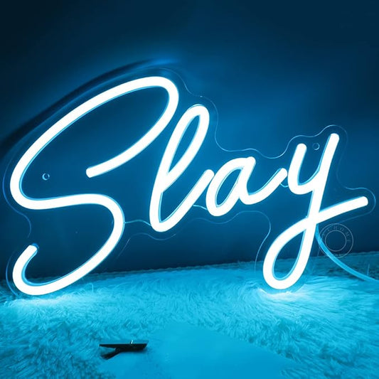 SYLHOME Slay Blue LED Neon Light Sign Cool Boys Girls Preppy Bedroom Game Play Room Desk Wall Decor Sign Club Pub Bar Man Cave Game Center Birthday Decoration USB Night Light 11.8" X 8"